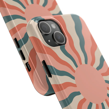 Retro Sunburst iPhone Case – Bold 70s-Inspired Waves in Coral, Teal, and Cream