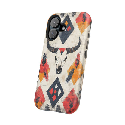 Western Bull Skull & Feathers Tough Mag Safe iPhone Case – Bold Tribal Design, Dual-Layer Protection