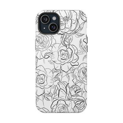 Monochrome Rose Garden Tough MagSafe iPhone Case – Elegant Floral Line Art with Dual-Layer Protection