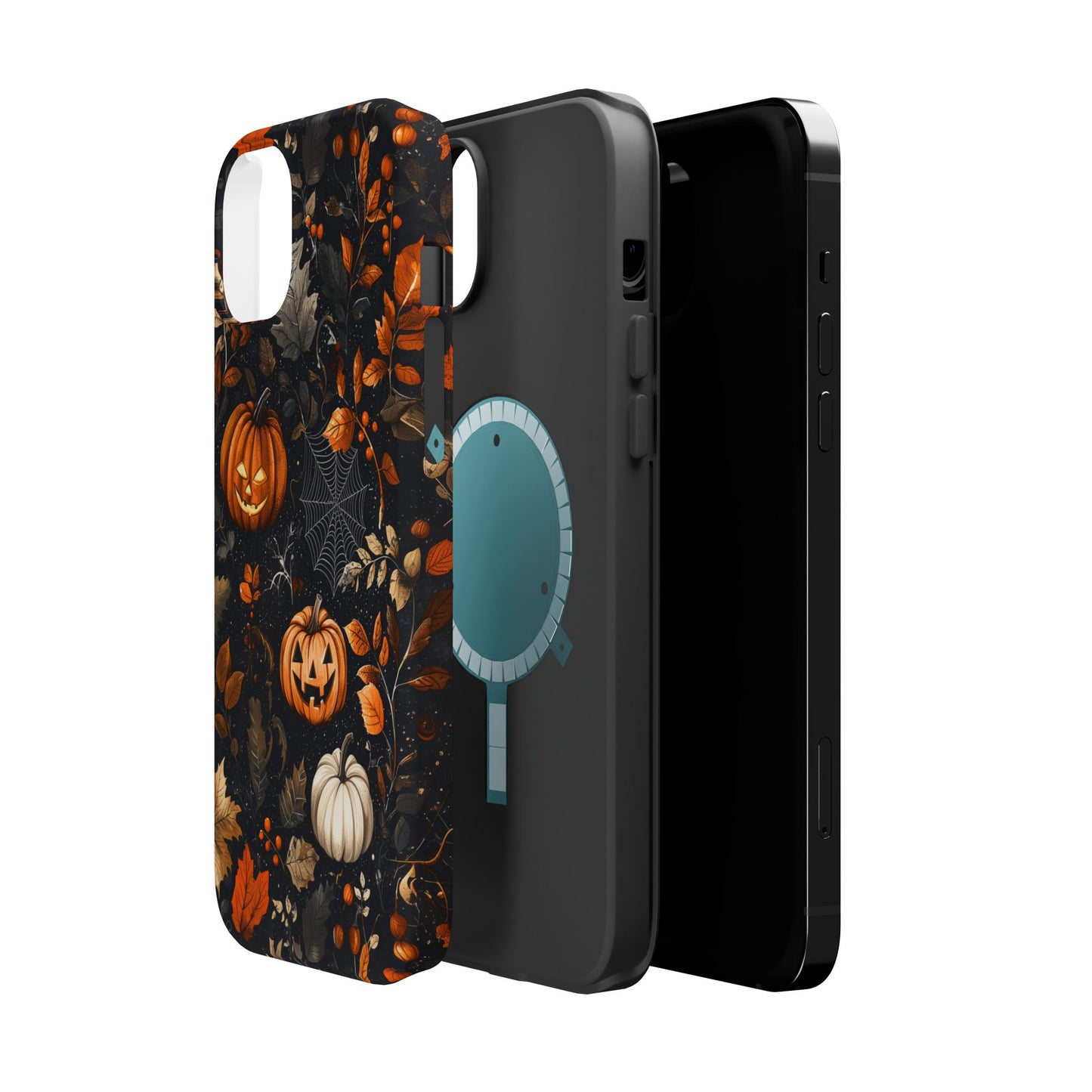 Elegant Halloween MagSafe iPhone Case – Pumpkin Jack-o'-Lanterns, Cobwebs & Autumn Foliage Design