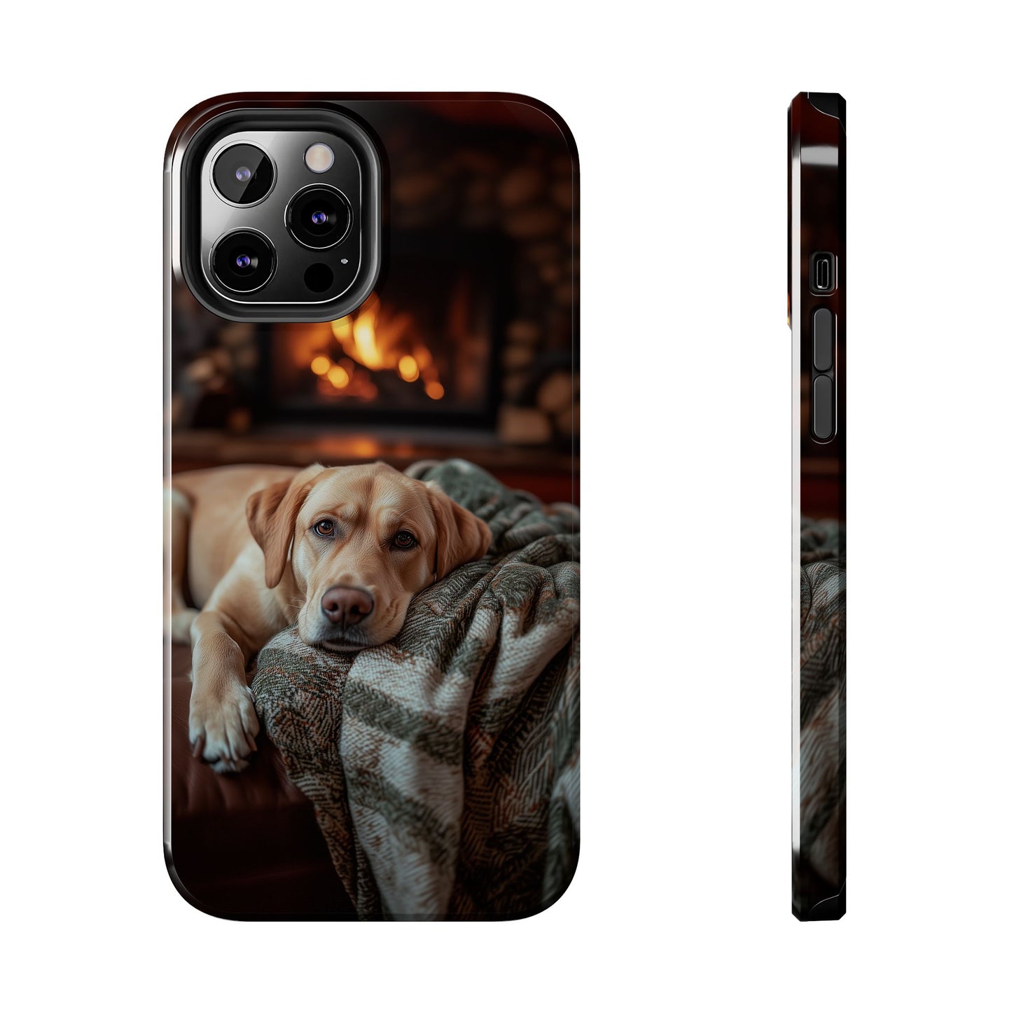 Cozy Labrador by Fireplace iPhone Case – Rustic Cabin Protective Cover