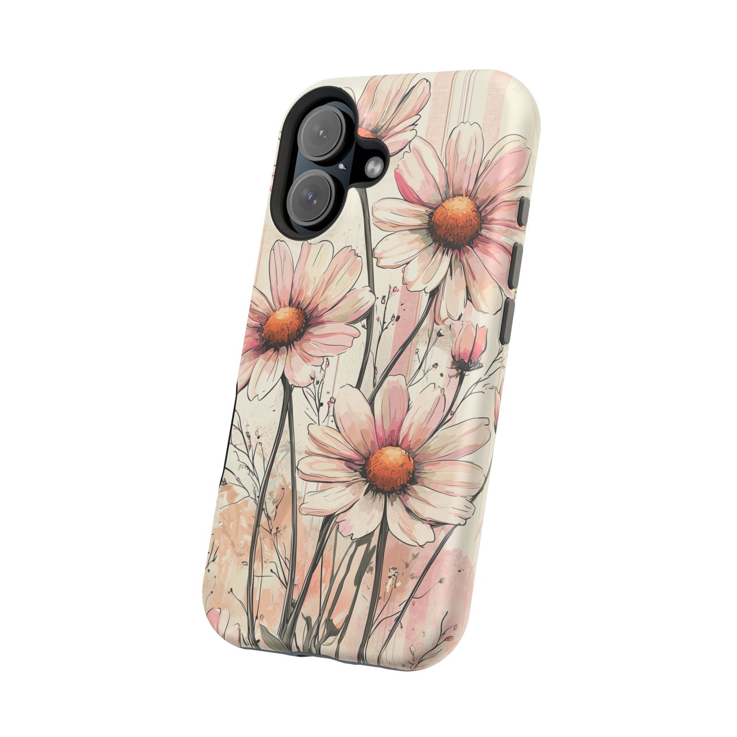 Pastel Pink Daisy MagSafe iPhone Case - Elegant Floral Plaid Protective Cover