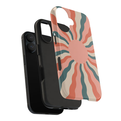 Retro Sunburst iPhone Case – Bold 70s-Inspired Waves in Coral, Teal, and Cream