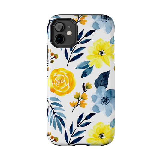 Golden Yellow & Sky Blue Floral – Watercolor Botanical iPhone Case