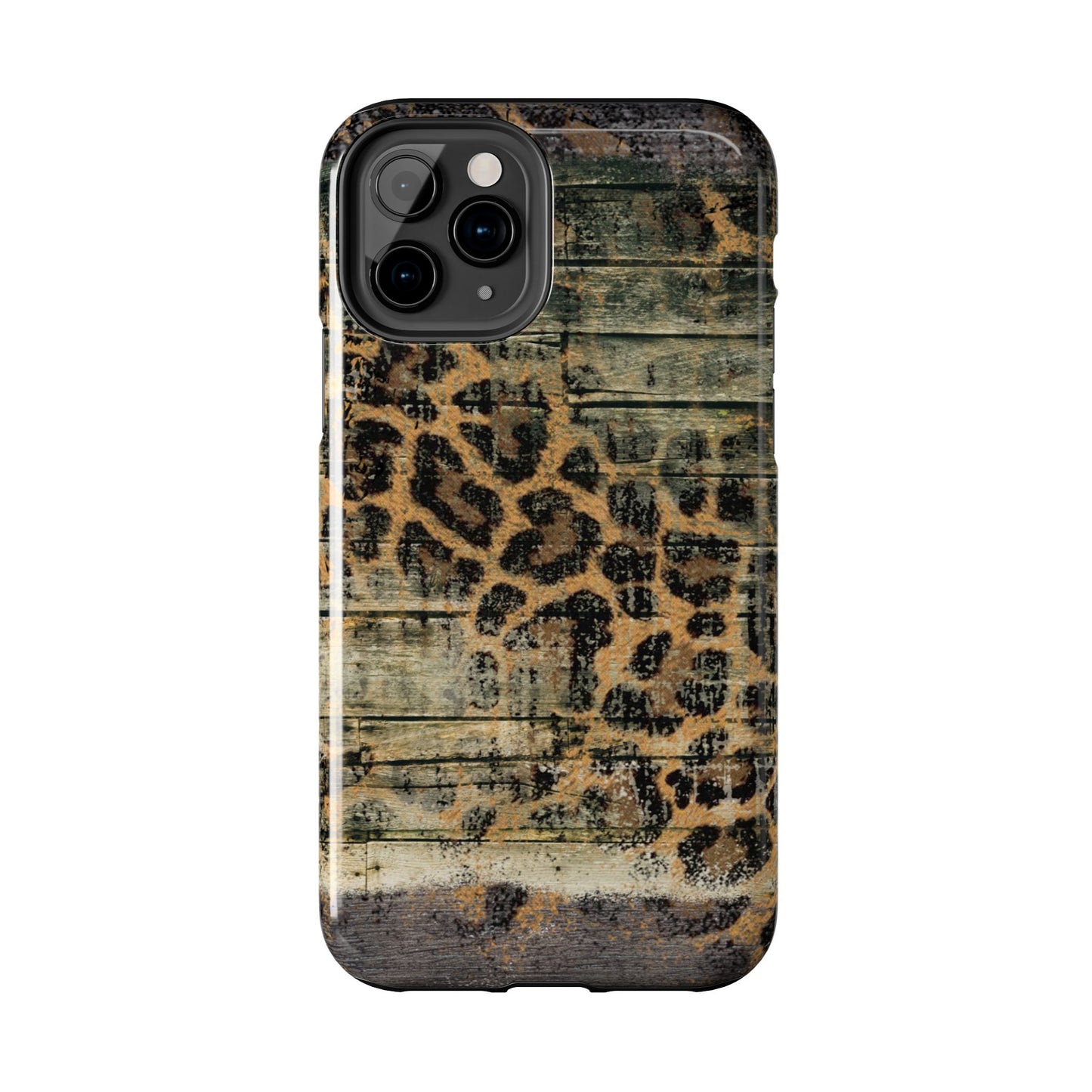 Rustic Wood and Leopard Print Tough iPhone Case – Distressed Western Design with Dual-Layer Protection