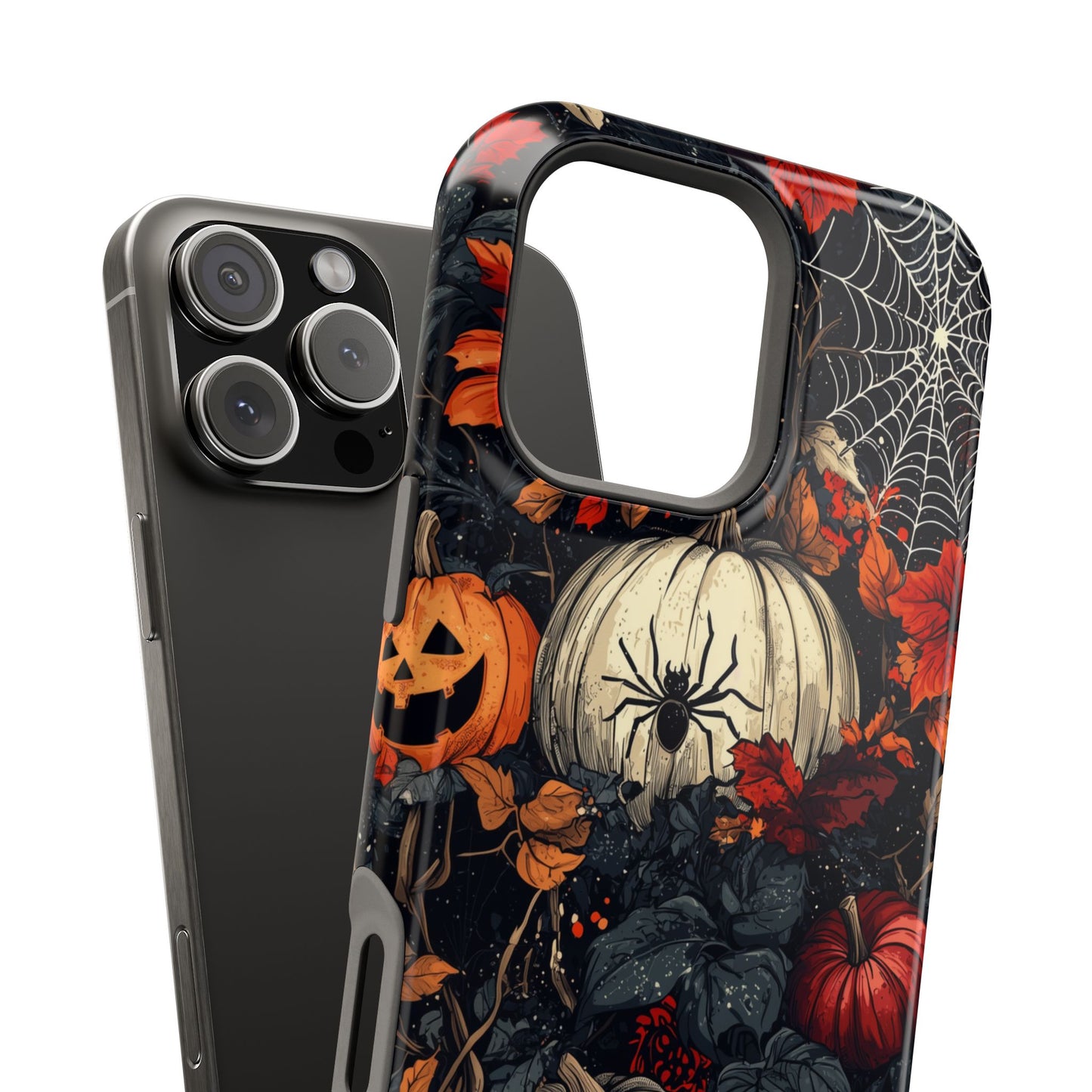 Hauntingly Elegant Halloween MagSafe iPhone Case – Pumpkins, Spiders, and Autumn Leaves Design