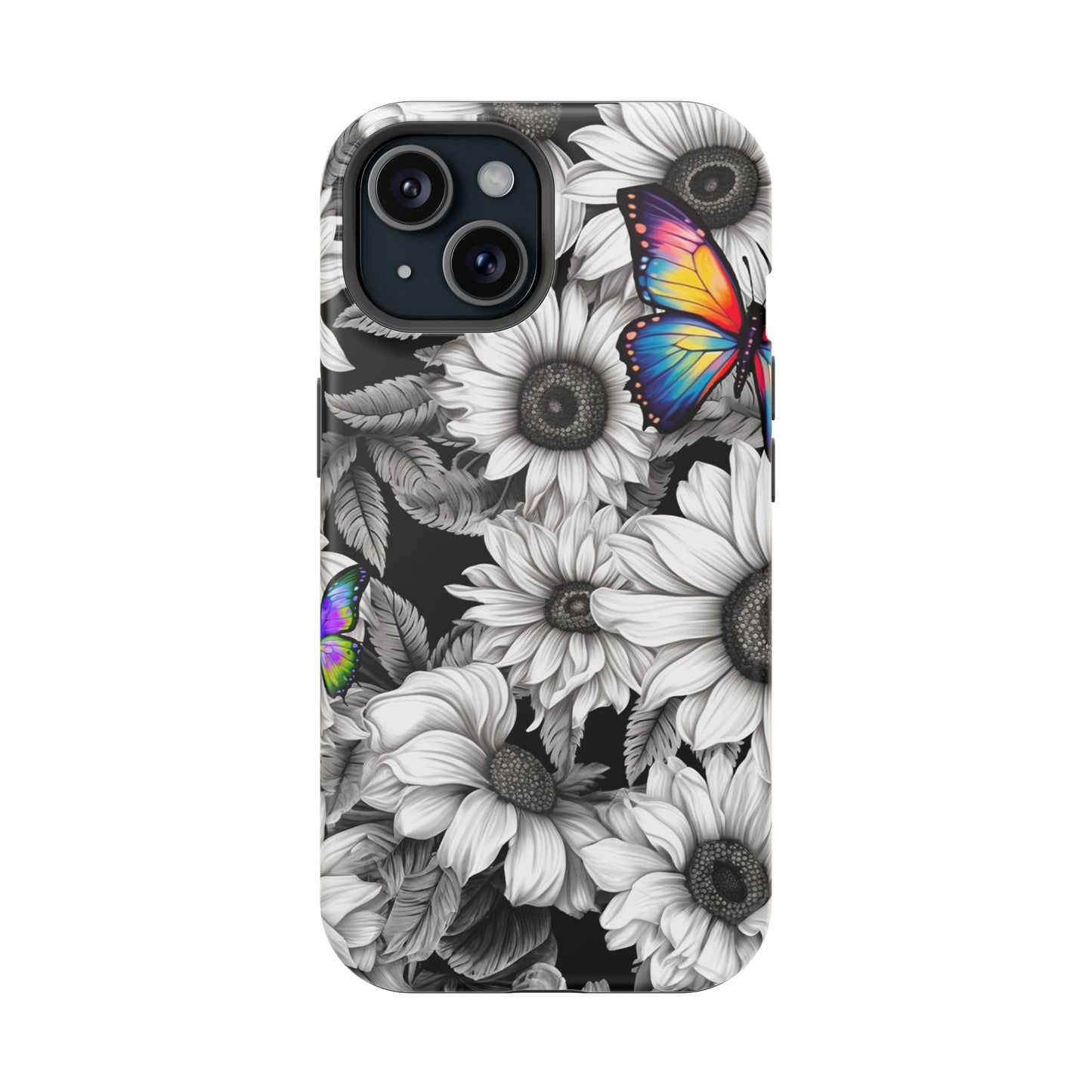 Rainbow Butterflies & Monochrome Sunflowers – MagSafe iPhone Case