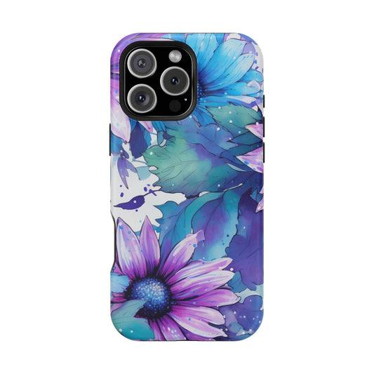 Purple & Teal Watercolor Floral MagSafe iPhone Case - Artistic Flower Design