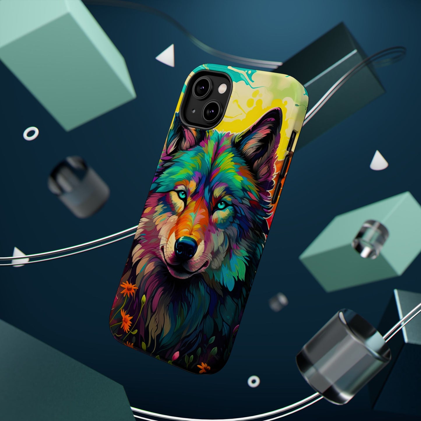 Rainbow Wolf in Bloom – MagSafe iPhone Case with Nature-Inspired Design