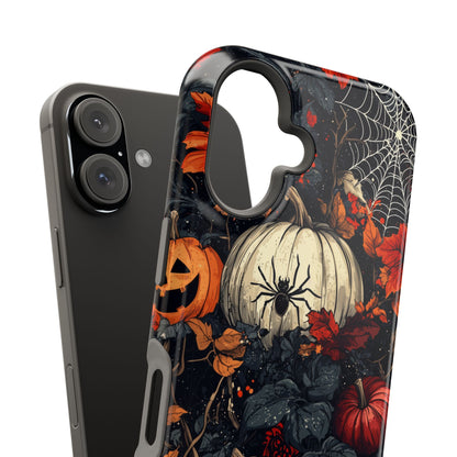 Hauntingly Elegant Halloween MagSafe iPhone Case – Pumpkins, Spiders, and Autumn Leaves Design