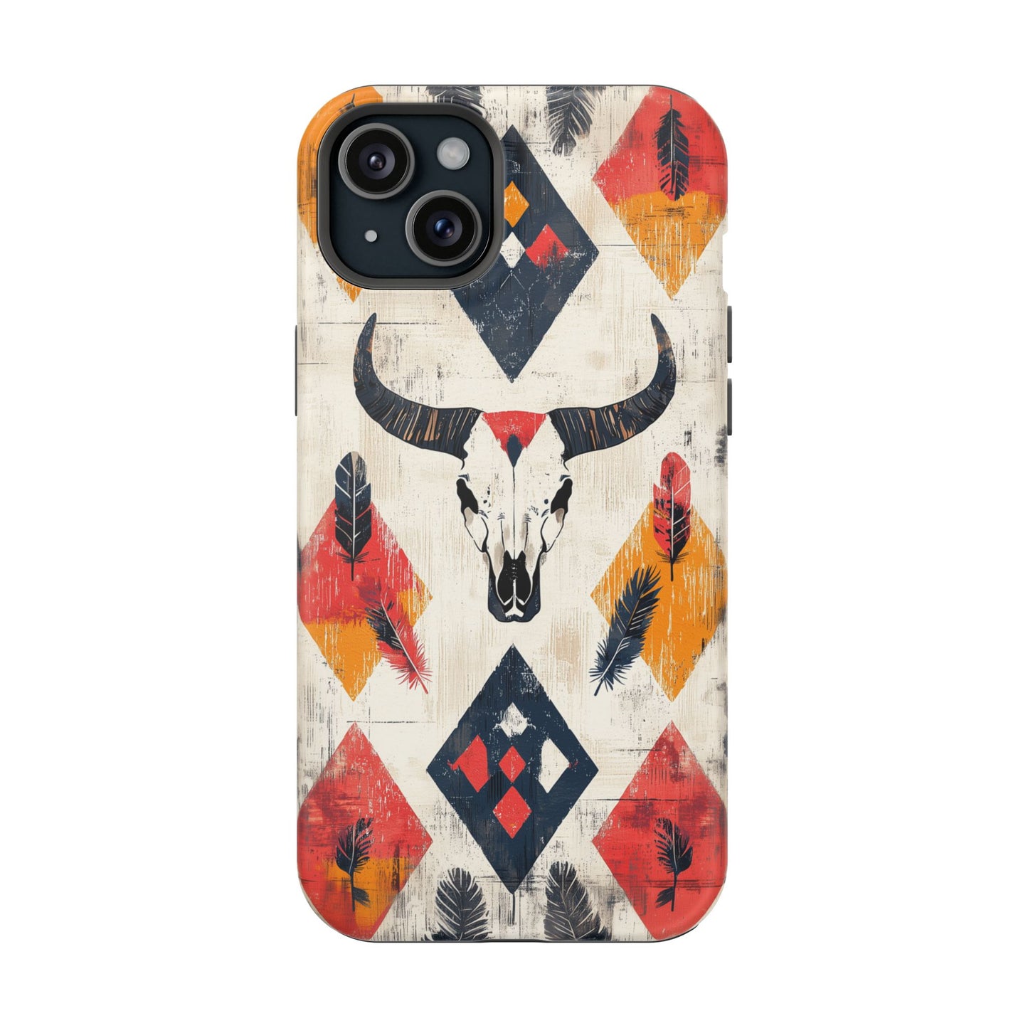 Western Bull Skull & Feathers Tough Mag Safe iPhone Case – Bold Tribal Design, Dual-Layer Protection