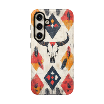 Western Bull Skull & Feathers Tough Samsung Galaxy Case – Bold Tribal Design, Dual - Layer Protection - BOGO Cases