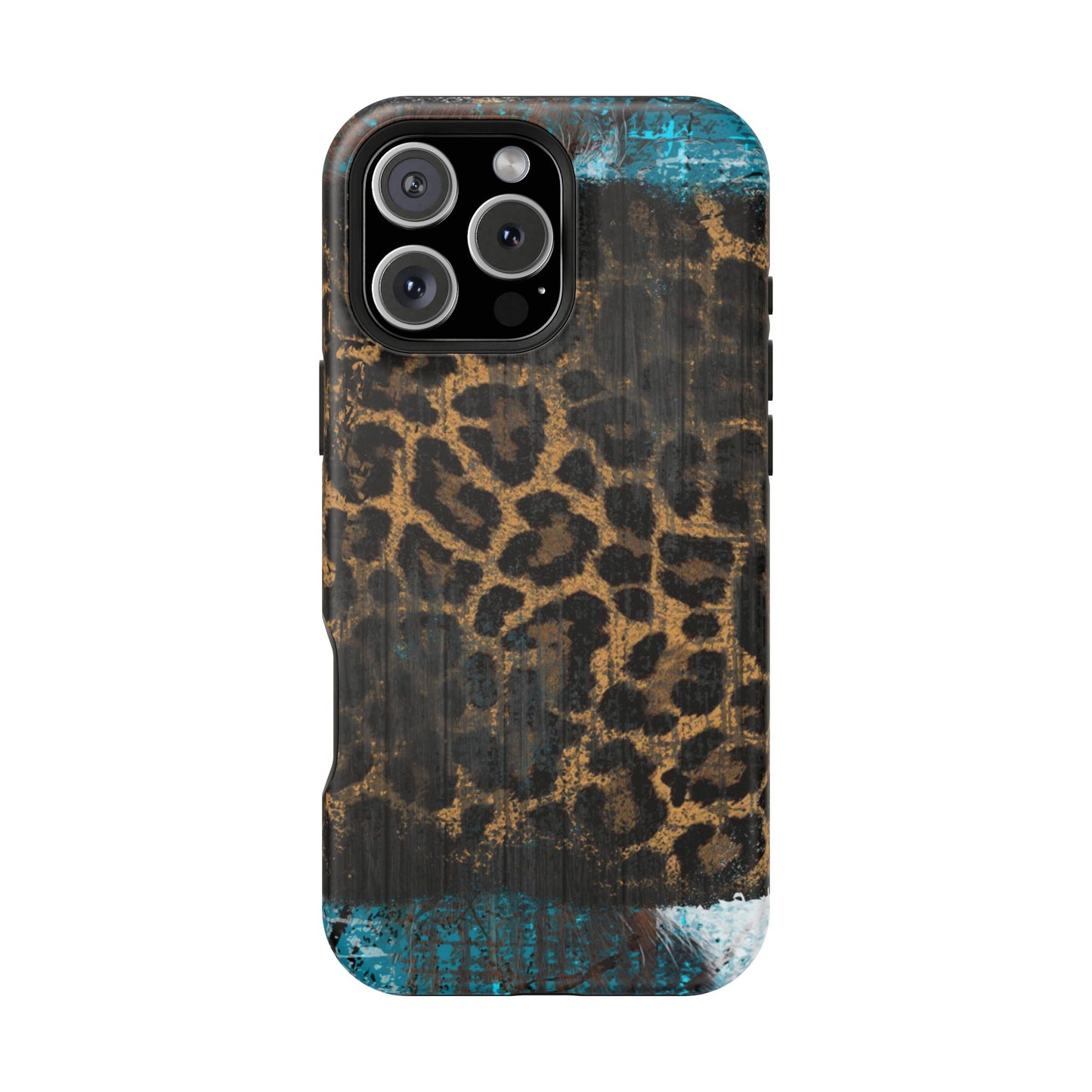 Boho Leopard and Turquoise Tough MagSafe iPhone Case – Rustic Western Design with Dual-Layer Protection