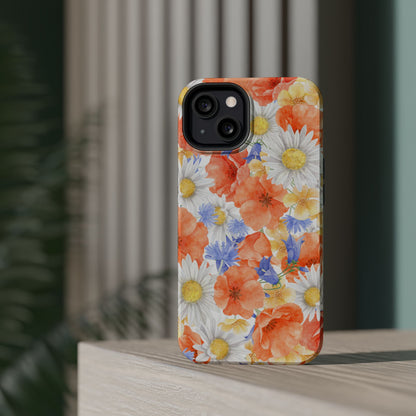 Watercolor Wildflower Pattern MagSafe iPhone Case – Durable Matte Finish with Daisy, Poppy & Cornflower Design