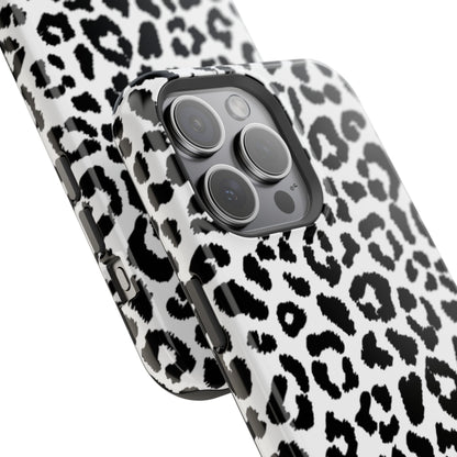 Monochrome Leopard Print Tough MagSafe iPhone Case – Classic Black and White Design with Dual-Layer Protection