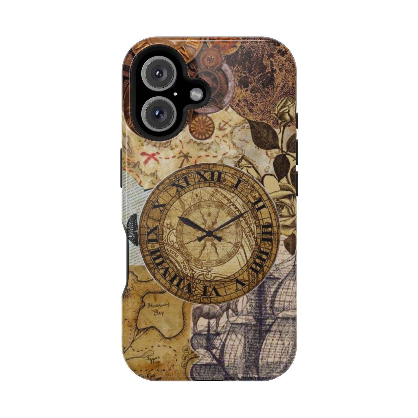 Steampunk Vintage Adventure MagSafe iPhone Case – Dual-Layer Protection with Antique Map and Clock Design