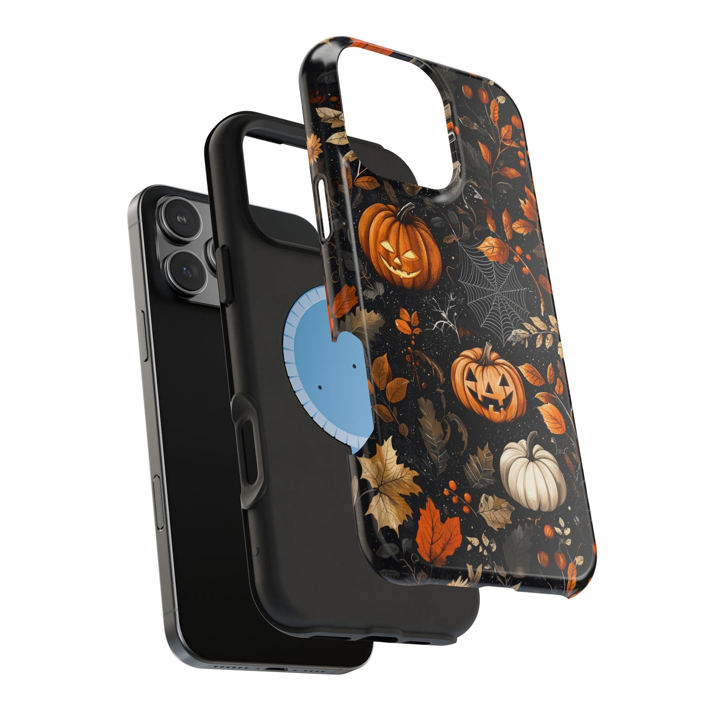 Elegant Halloween MagSafe iPhone Case – Pumpkin Jack-o'-Lanterns, Cobwebs & Autumn Foliage Design