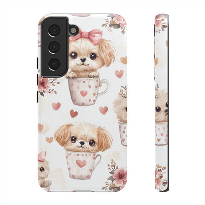 Cute Puppies in Heart Mugs Samsung Galaxy  Case – Adorable Dog & Floral Design, Shockproof & Slim