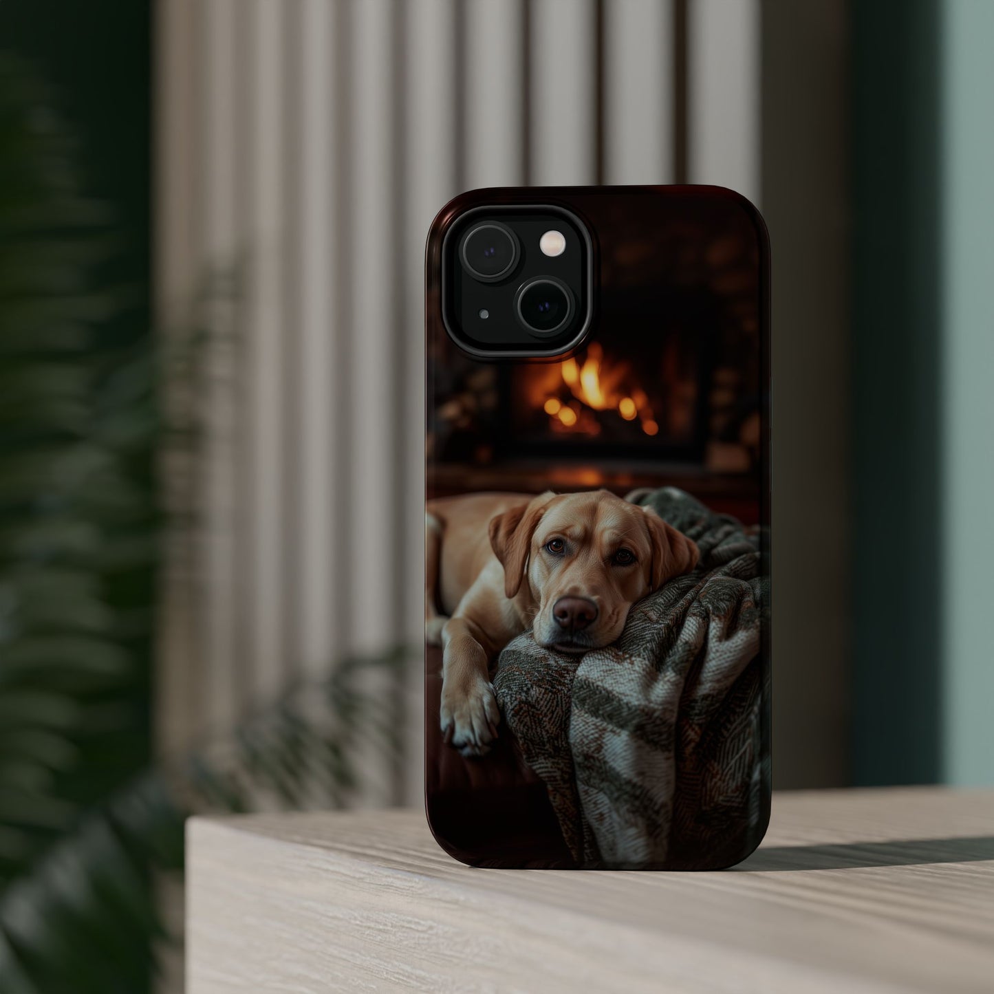 Cozy Labrador by Fireplace MagSafe iPhone Case – Rustic Cabin Protective Cover