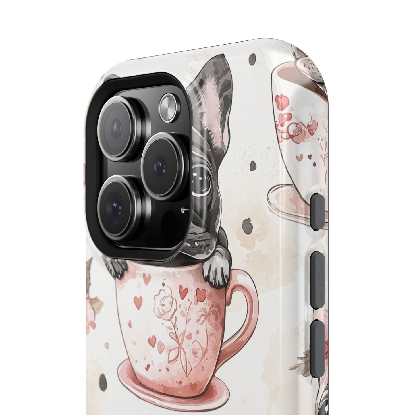 French Bulldogs in Teacups MagSafe iPhone Case – Cute Dog Design with Hearts & Bows, Shockproof & Slim