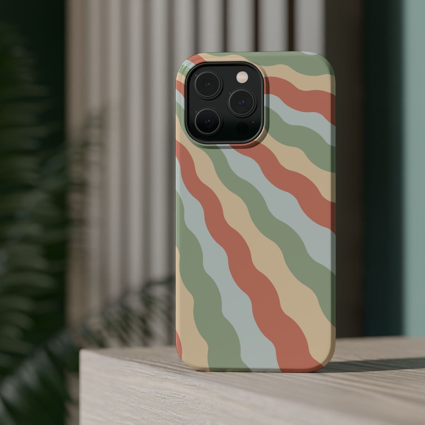 Earthy Retro Waves MagSafe iPhone Case – 70s-Inspired Wavy Stripes in Soft Green, Cream, and Rust