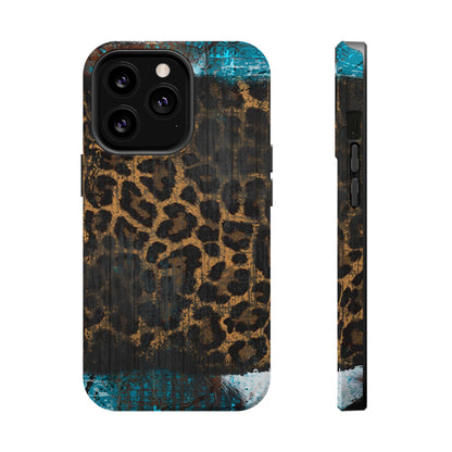 Boho Leopard and Turquoise Tough MagSafe iPhone Case – Rustic Western Design with Dual-Layer Protection