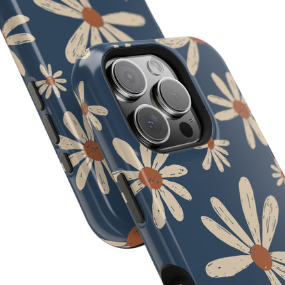 Vintage Daisies MagSafe iPhone Case – Navy Blue Floral Design, Scratch-Resistant with Shock-Absorbing Bumper