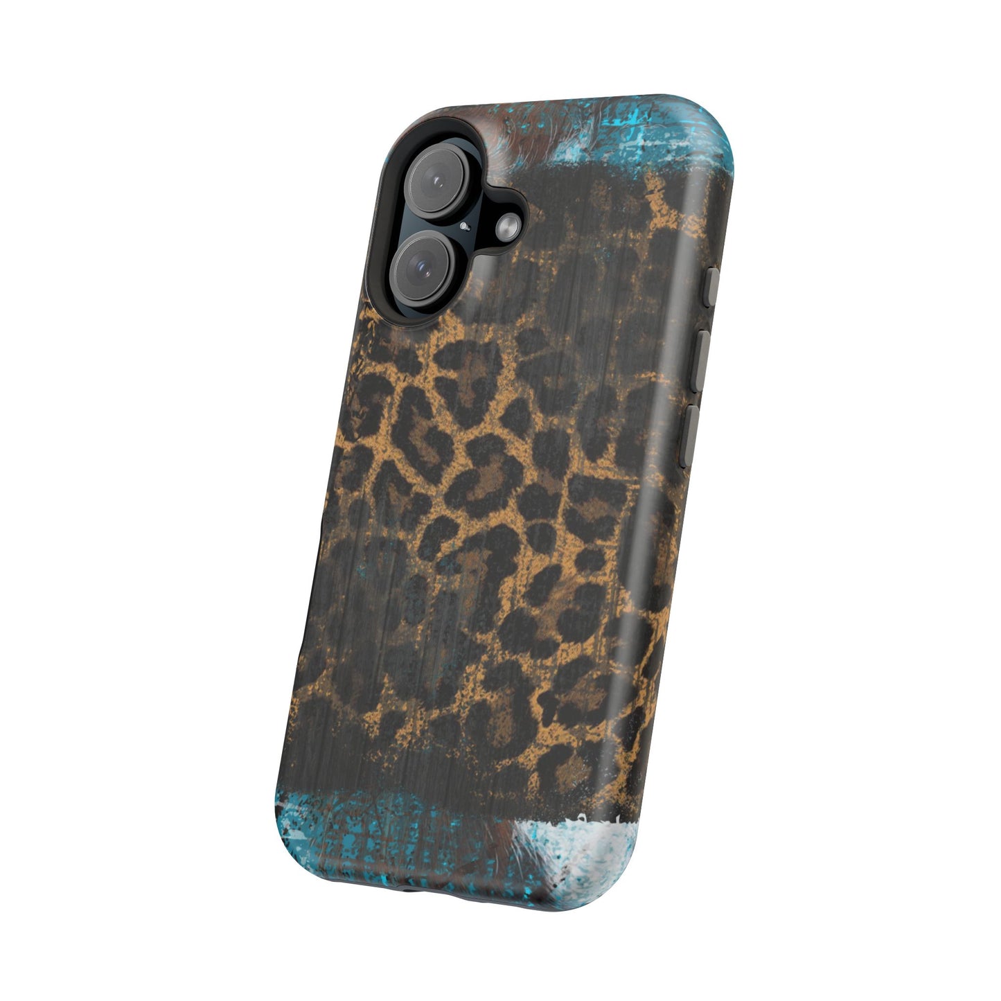 Boho Leopard and Turquoise Tough MagSafe iPhone Case – Rustic Western Design with Dual-Layer Protection