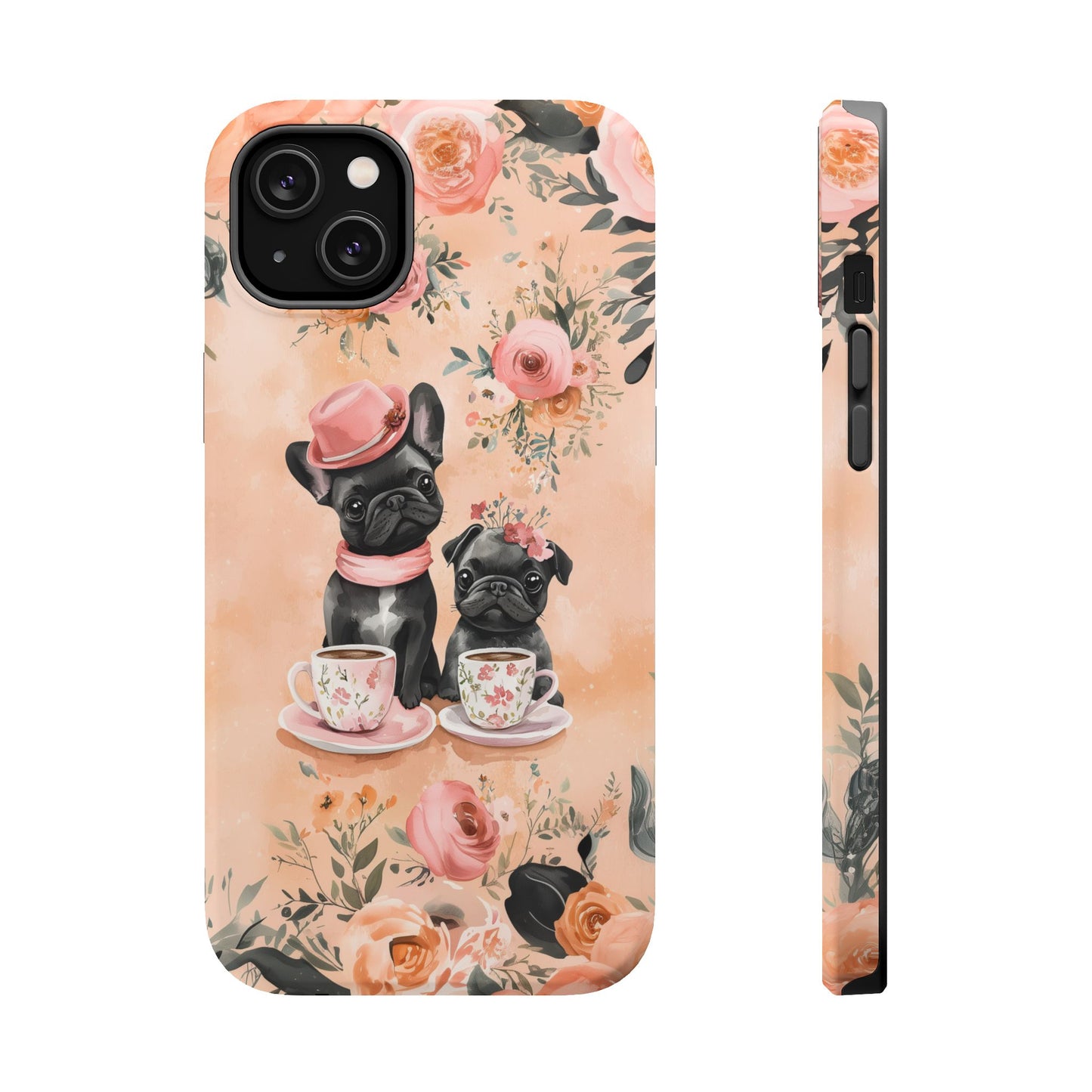 Floral French Bulldogs MagSafe iPhone Case – Elegant Dog Design with Tea Cups & Roses, Shockproof Protection