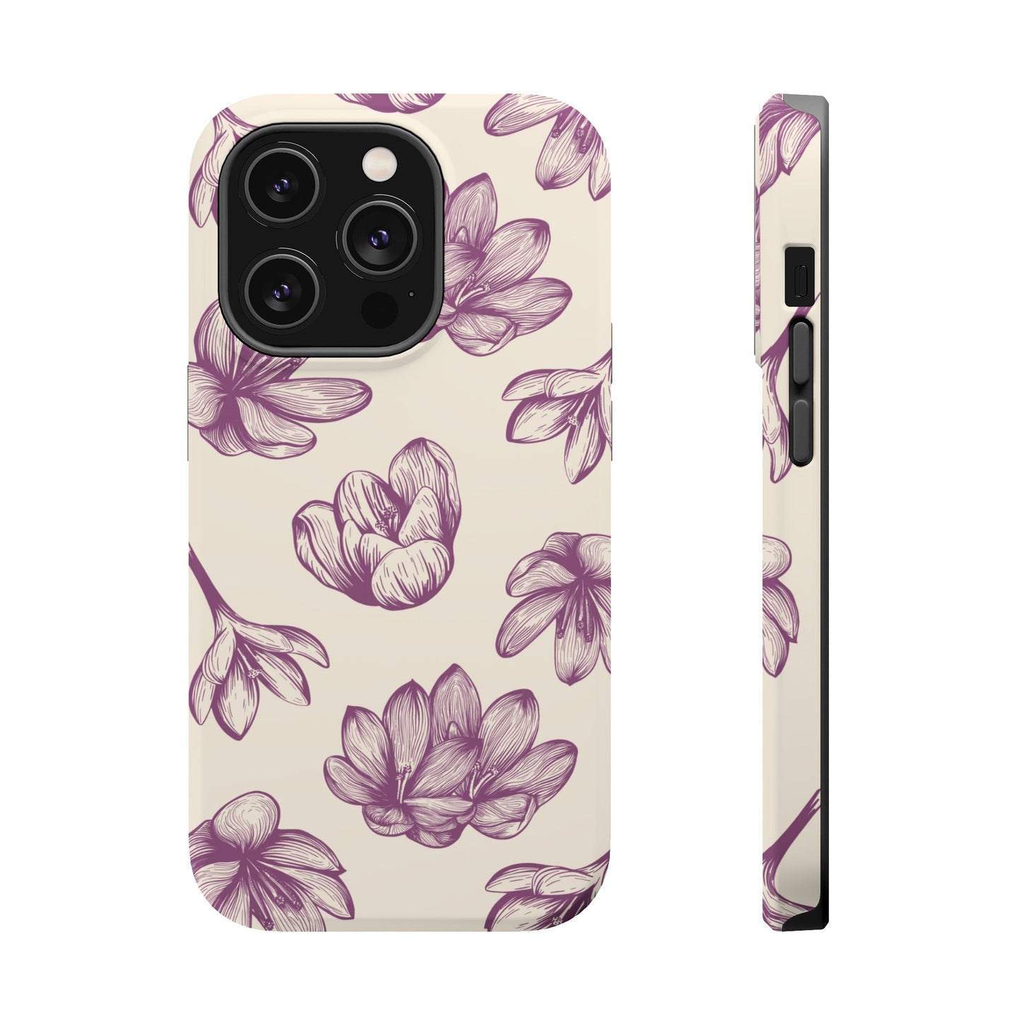 Vintage Botanical Floral Tough MagSafe iPhone Case – Hand-Drawn Purple Flowers, Shockproof Design