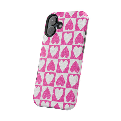 Pink Glitter Heart Checkered Pattern MagSafe Case