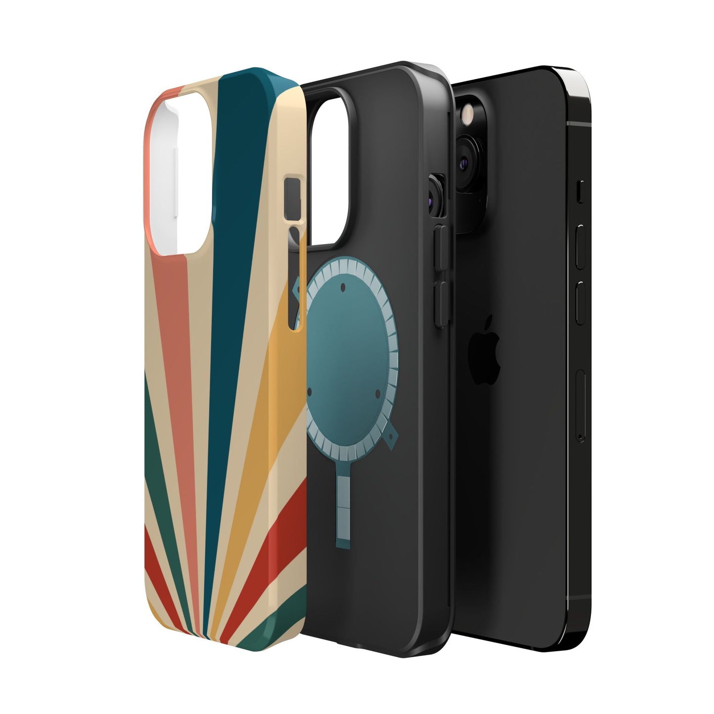 Retro Sunbeam MagSafe iPhone Case – 70s-Inspired Radiating Stripes in Coral, Teal, and Mustard