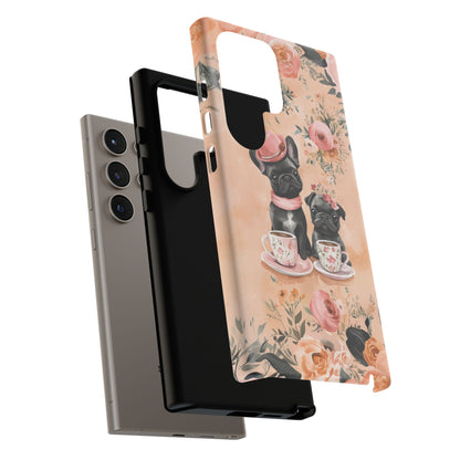 Floral French Bulldogs Samsung Galaxy Case – Elegant Dog Design with Tea Cups & Roses, Shockproof Protection - BOGO Cases