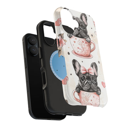 French Bulldogs in Teacups MagSafe iPhone Case – Cute Dog Design with Hearts & Bows, Shockproof & Slim