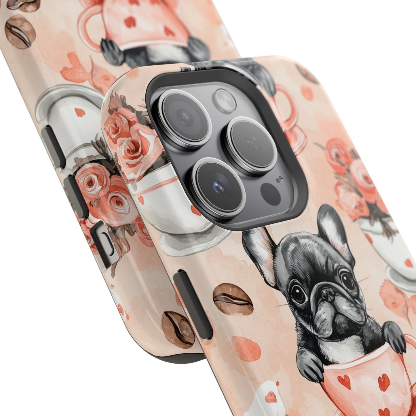 French Bulldogs in Heart Teacups MagSafe iPhone Case – Cute Dog & Floral Design, Shockproof Protection