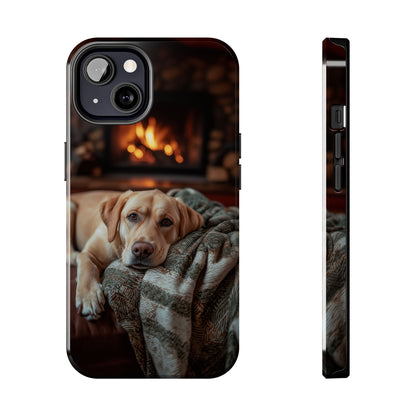 Cozy Labrador by Fireplace iPhone Case – Rustic Cabin Protective Cover