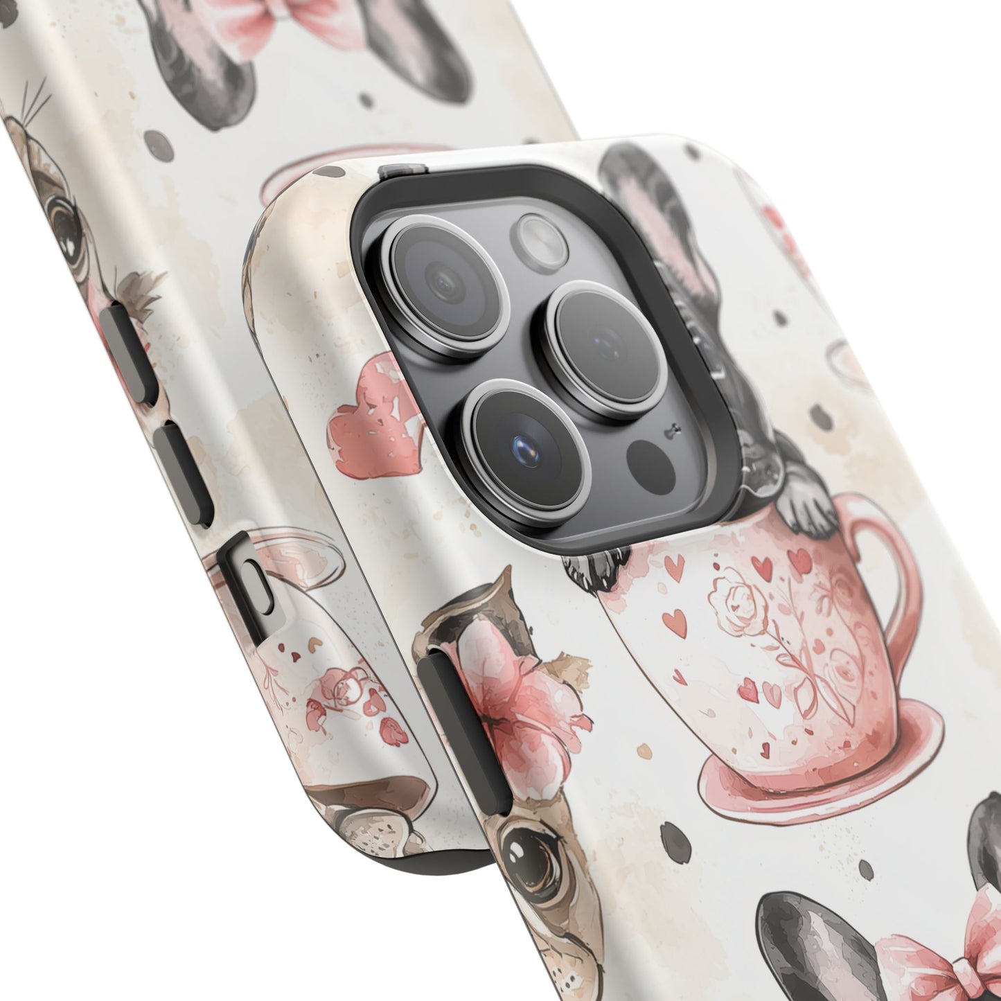 French Bulldogs in Teacups MagSafe iPhone Case – Cute Dog Design with Hearts & Bows, Shockproof & Slim