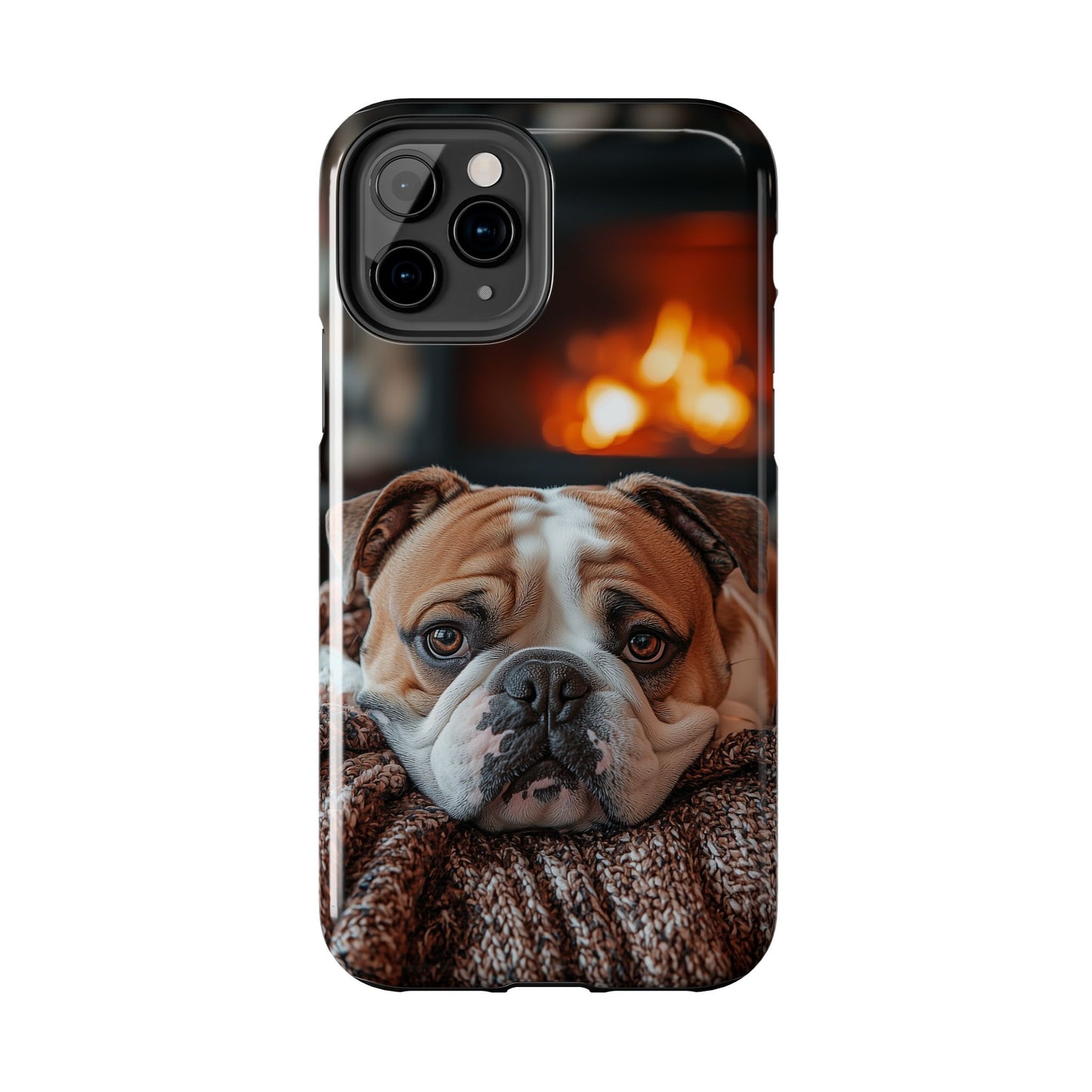 Cozy Bulldog iPhone Case – Fireside-Inspired Protective Cover Description: