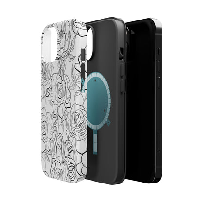 Monochrome Rose Garden Tough MagSafe iPhone Case – Elegant Floral Line Art with Dual-Layer Protection