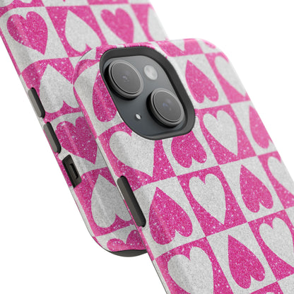 Pink Glitter Heart Checkered Pattern MagSafe Case