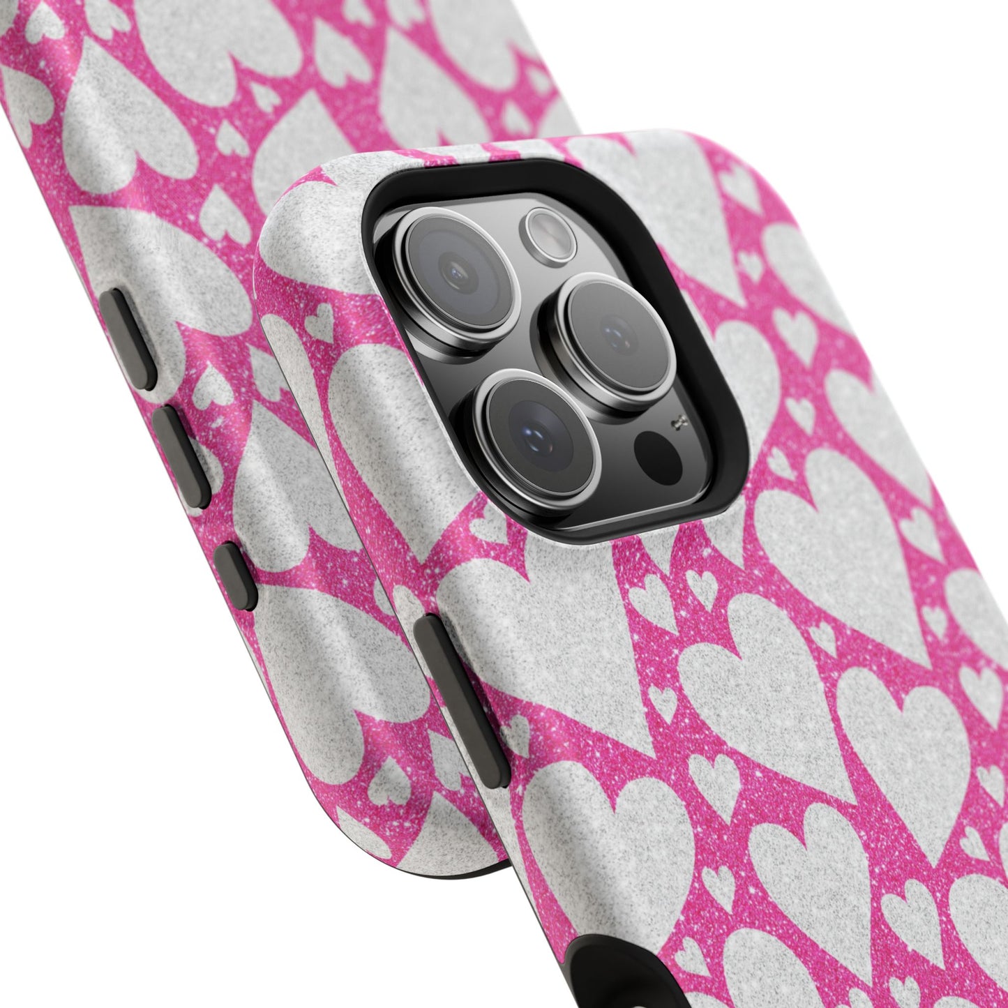 Pink and Silver Glitter Heart Pattern MagSafe Case