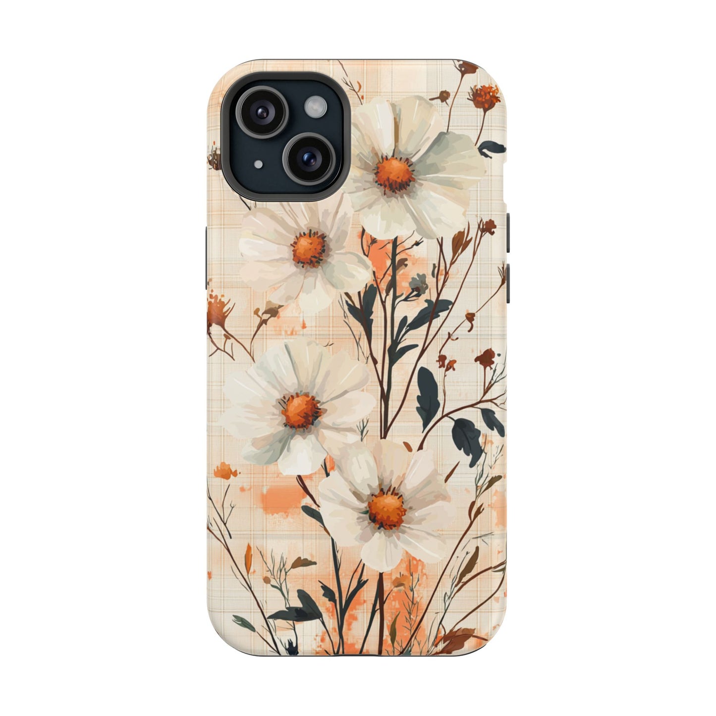 Pastel Orange Floral MagSafe iPhone Case - Elegant Plaid Protective Cover