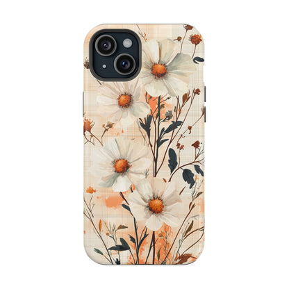 Pastel Orange Floral MagSafe iPhone Case - Elegant Plaid Protective Cover