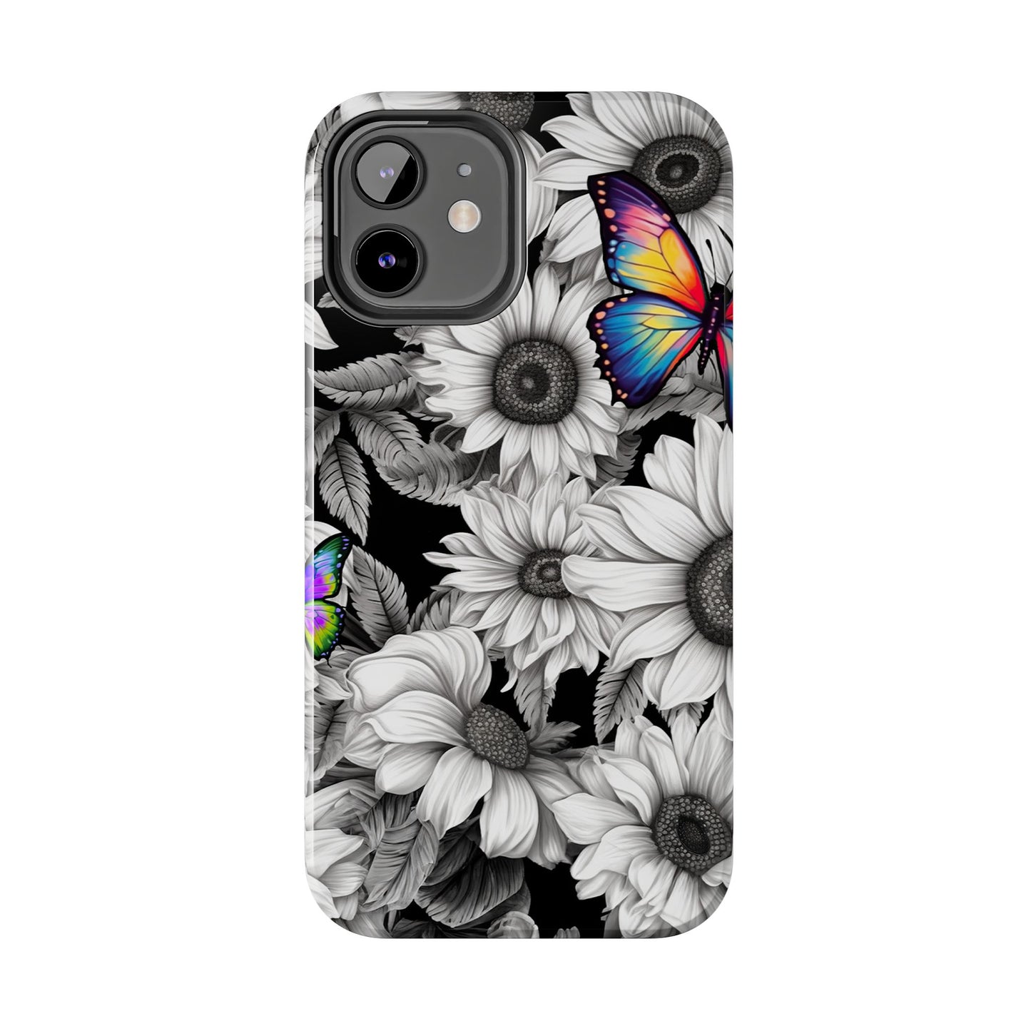 Rainbow Butterflies & Monochrome Sunflowers – iPhone Case