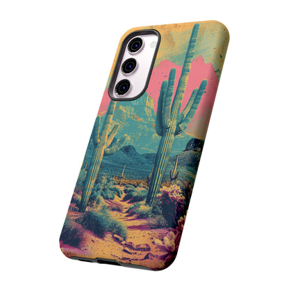 Desert Oasis Retro Cactus Phone Case - Vibrant Sunset Landscape for iPhone 15/14/13/12, Samsung S24/S23/S22/S21, & Google Pixel