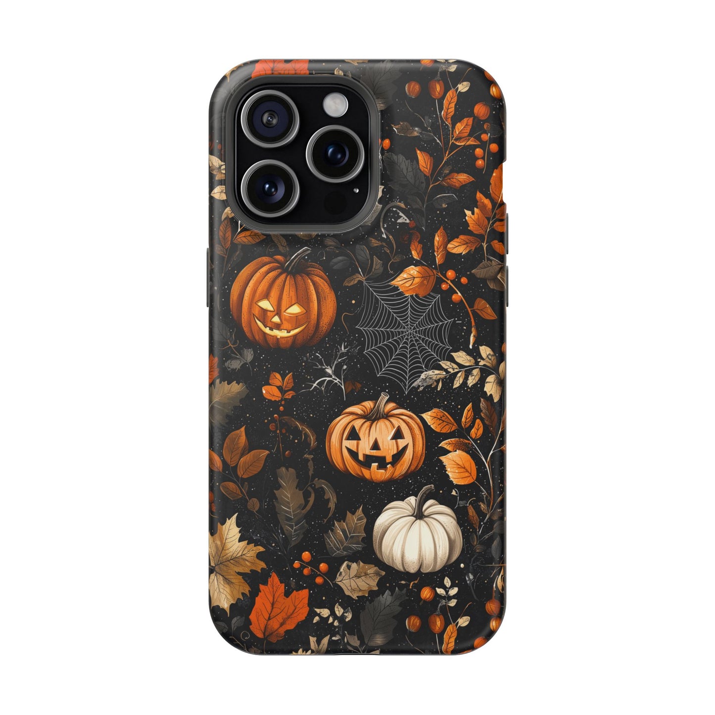 Elegant Halloween MagSafe iPhone Case – Pumpkin Jack-o'-Lanterns, Cobwebs & Autumn Foliage Design