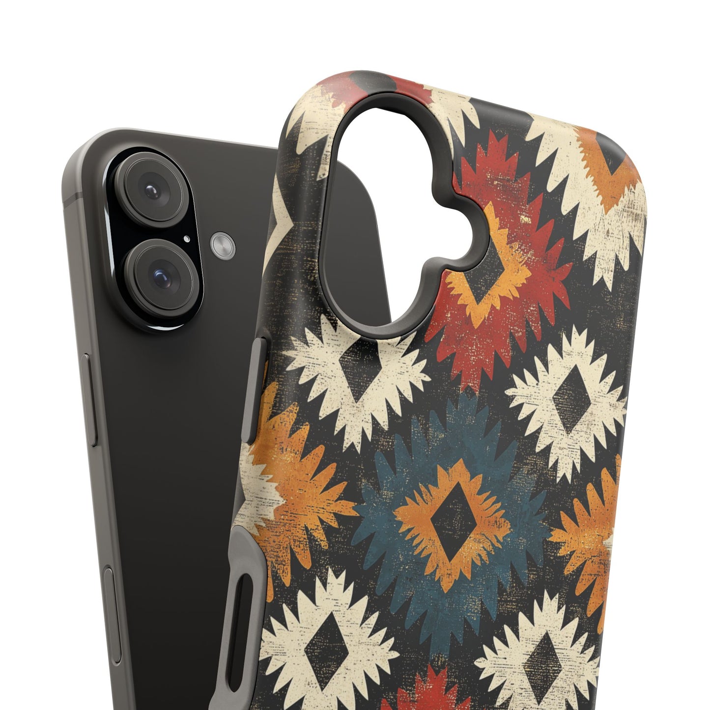 Rustic Tribal Sunburst Tough MagSafe iPhone Case – Vibrant Geometric Design, Dual-Layer Protection