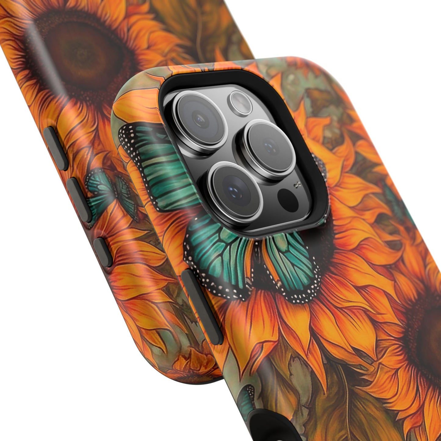 Vintage Blue Butterfly & Sunflower Art – MagSafe iPhone Case