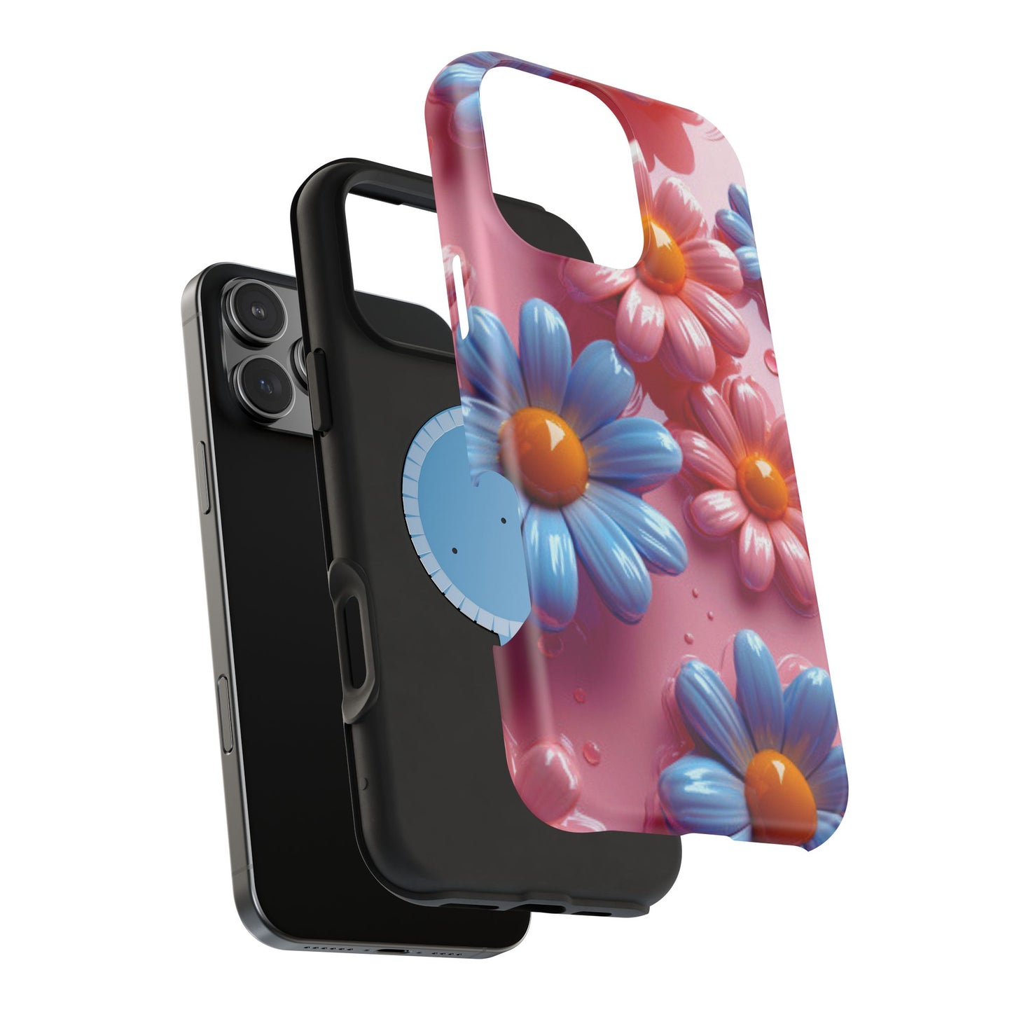 Pastel Daisy 3D MagSafe iPhone Case – Glossy Pink and Blue Floral Design, Full Protection