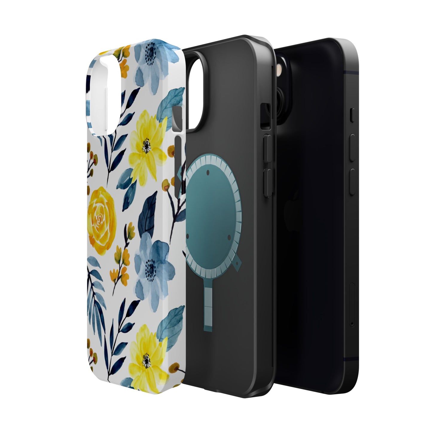 Golden Yellow & Sky Blue Floral – Watercolor Botanical MagSafe iPhone Case